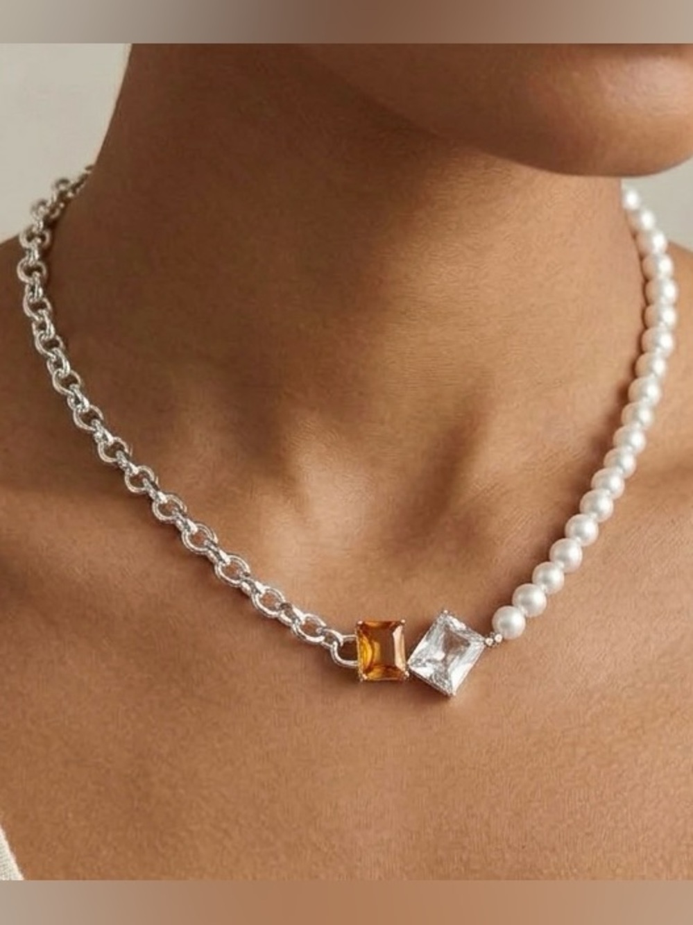 Silver Chain Pearl Necklace with Amber and Clear Gem Accents